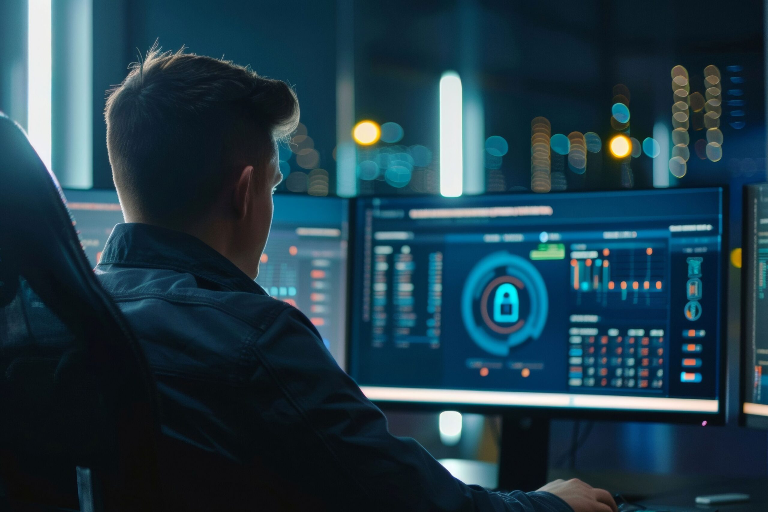 IT-Spezialist überwacht Sicherheitsdaten auf mehreren Bildschirmen – Visualisierung von Verantwortung in der Cybersecurity